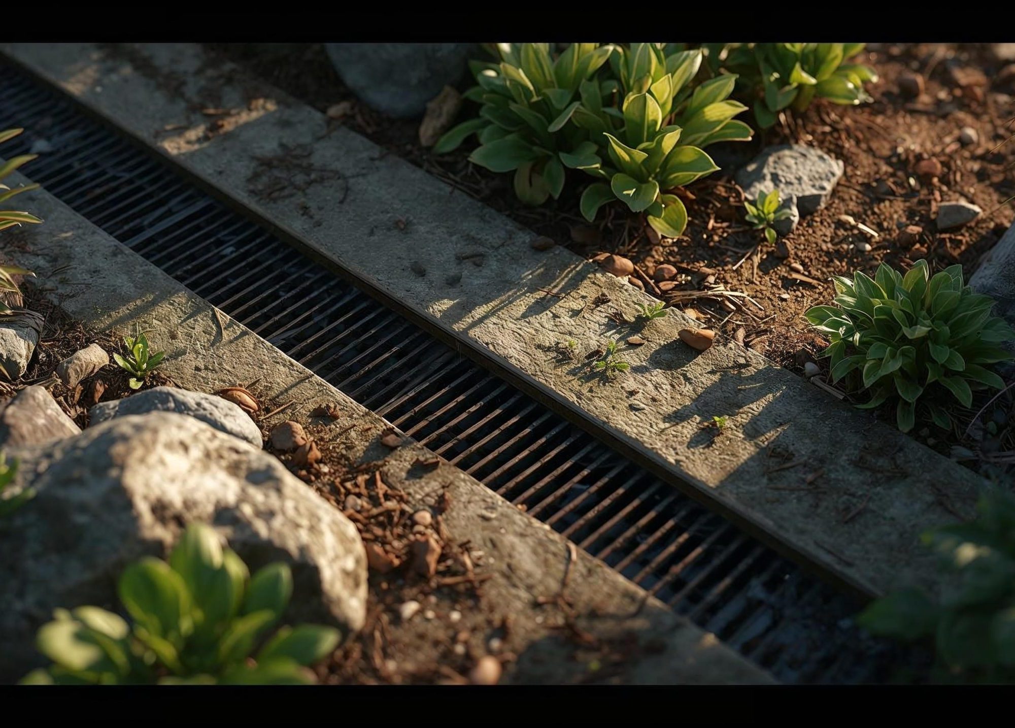 make a visualization 3d render of an outdoor living design drainage system with plants (1)
