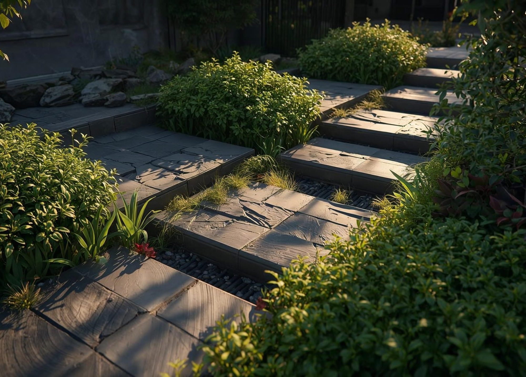 make a visualization 3d render of an outdoor living design drainage system with plants